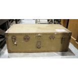 Vintage trunk, metal bound with canvas, Union Castle label and the initials 'MEAD' stamped on front,