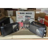 Black & Decker Woodworker BD66480W router in original box, a Panasonic DAB radio, a GHC hair dryer