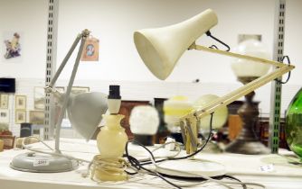 Cream anglepoise-style lamp, another similar example in grey, and a small alabaster table lamp (3)