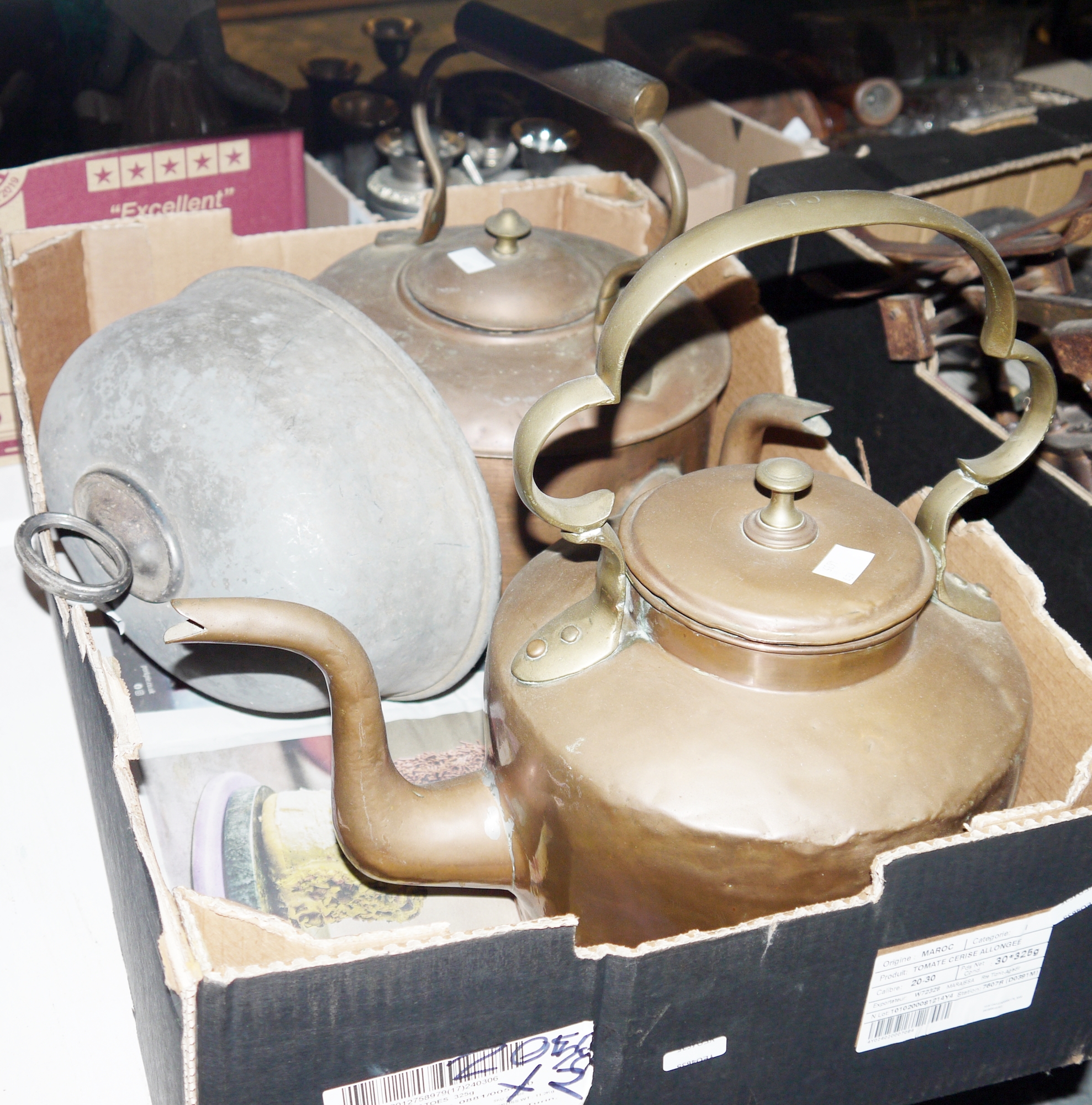 Two large copper kettles, two graduating brass and iron handle saucepans, a small milk churn, two - Image 2 of 2
