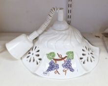 Contemporary Italian-style pottery white-glazed fluted pendant light, moulded with purple fruiting