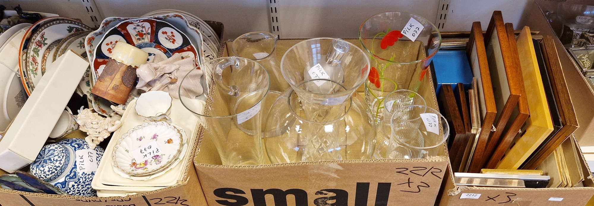 Assorted glassware and ceramics to include vases, water jug, various ornaments, model steam