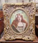 After Renoir Pastel drawing  Red headed girl in a white blouse holding flowers, framed