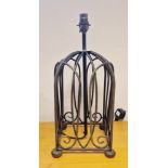 Contemporary bronzed wrought-iron style cagework table lamp, with scroll square section, cage and