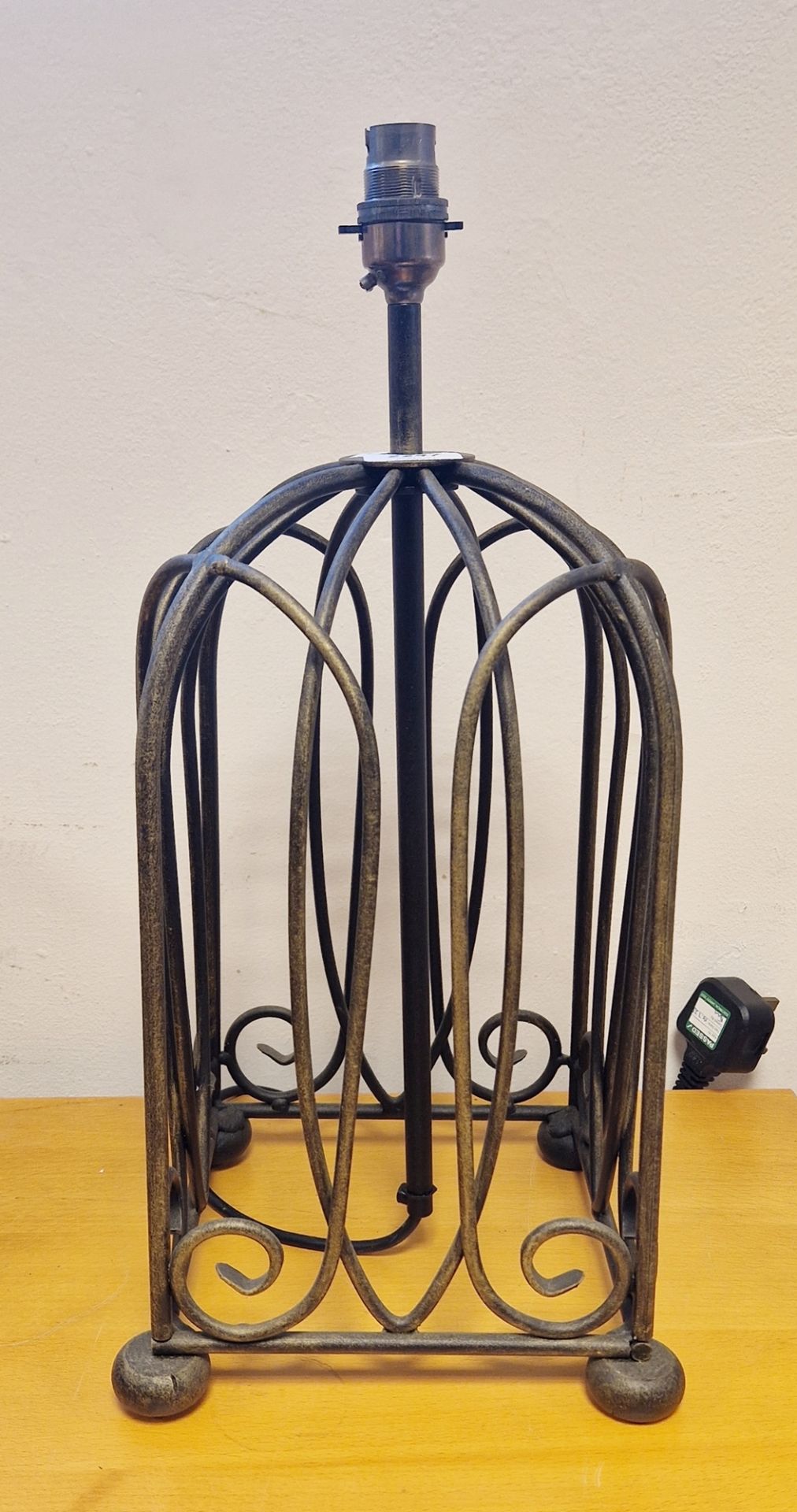 Contemporary bronzed wrought-iron style cagework table lamp, with scroll square section, cage and