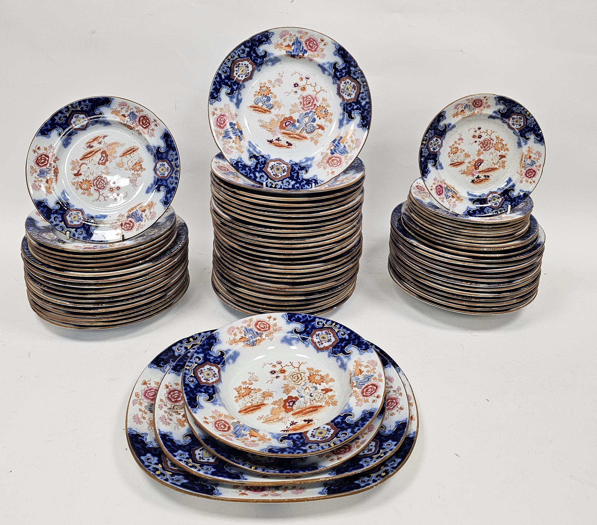 English ironstone Imari pattern part dinner service, late 19th century, printed blue lion and - Image 2 of 26