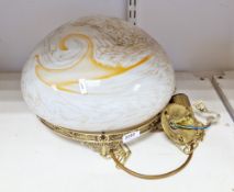 Large contemporary Art Deco style opaque glass fly catcher pendant and gilt-metal fittings, with