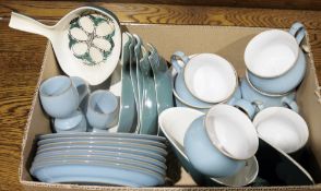 Denby blue glazed part tea and dinner service to include teacups, saucers, side plates, two lidded