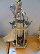 A 21st century brass electric brass ceiling light, hexagon , three candlestick fittings within for