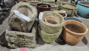 Selection of stoneware pots, two bearing floral designs, another pair bearing Celtic knot work,