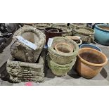 Selection of stoneware pots, two bearing floral designs, another pair bearing Celtic knot work,