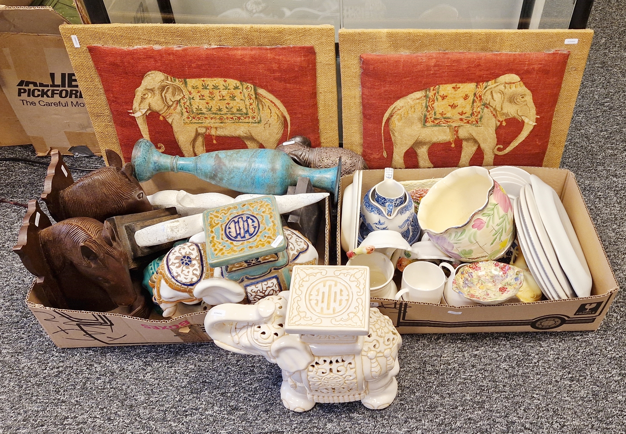 Assorted ceramics to include blue and white, a ceramic side table modelled as an elephant, two