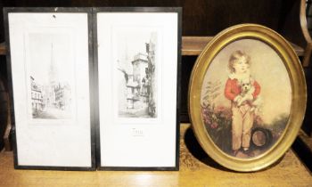 Pair of etchings labelled 'Rouen Cathedral', signed A P Calven, two early photographic prints of