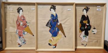 Three framed watercolour pictures of geisha girls, 37cm x 29cm, all framed (3)