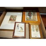 Three framed prints after Kate Greenway and one other framed early 20th century print in a burr