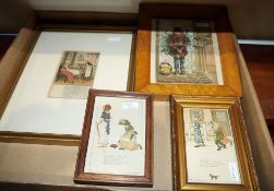Three framed prints after Kate Greenway and one other framed early 20th century print in a burr