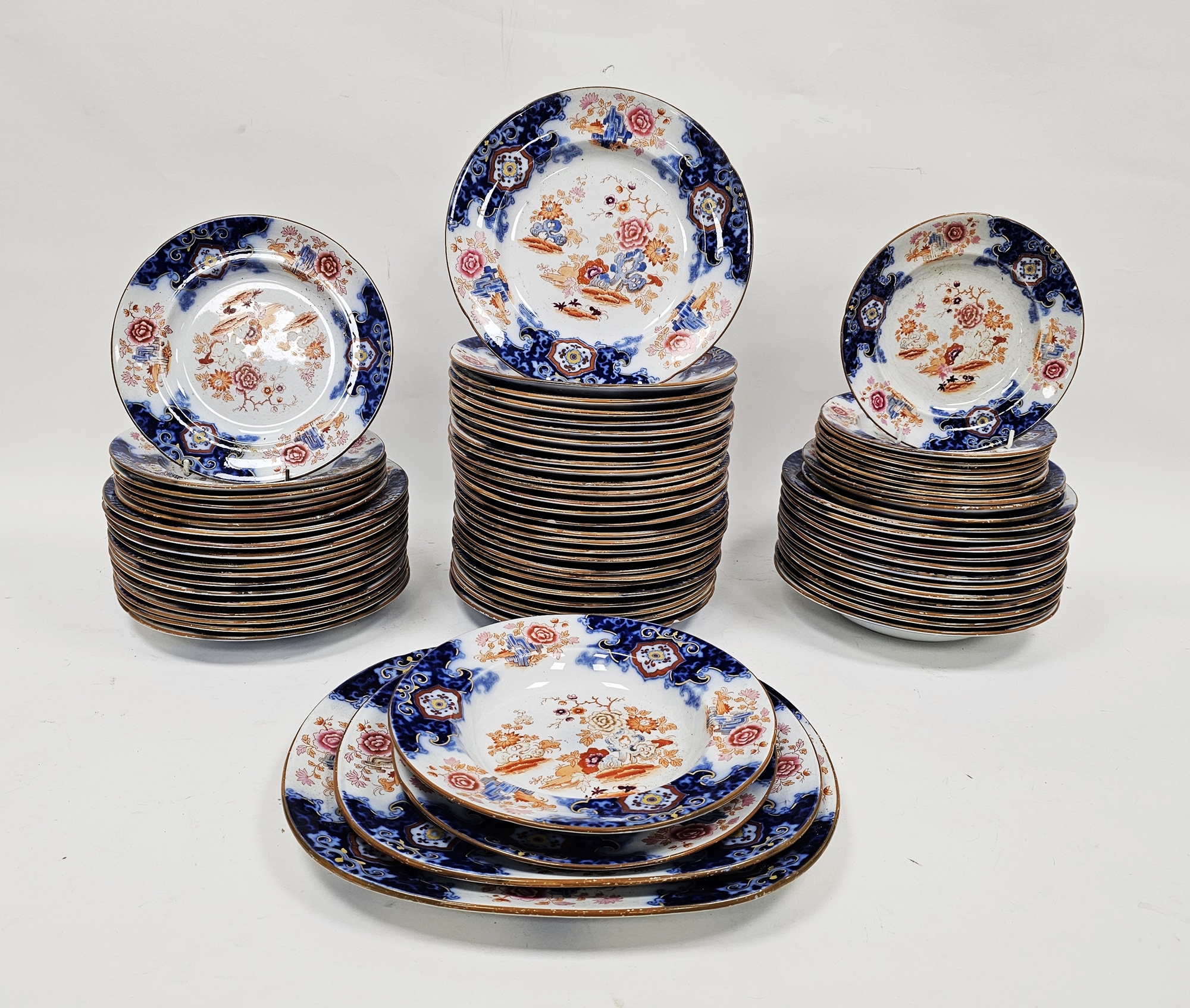 English ironstone Imari pattern part dinner service, late 19th century, printed blue lion and