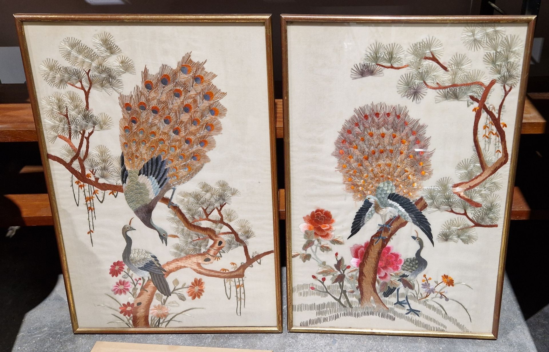 Set of four modern Chinese embroideries, framed, peacocks amidst branches and peonies, and two - Image 2 of 3
