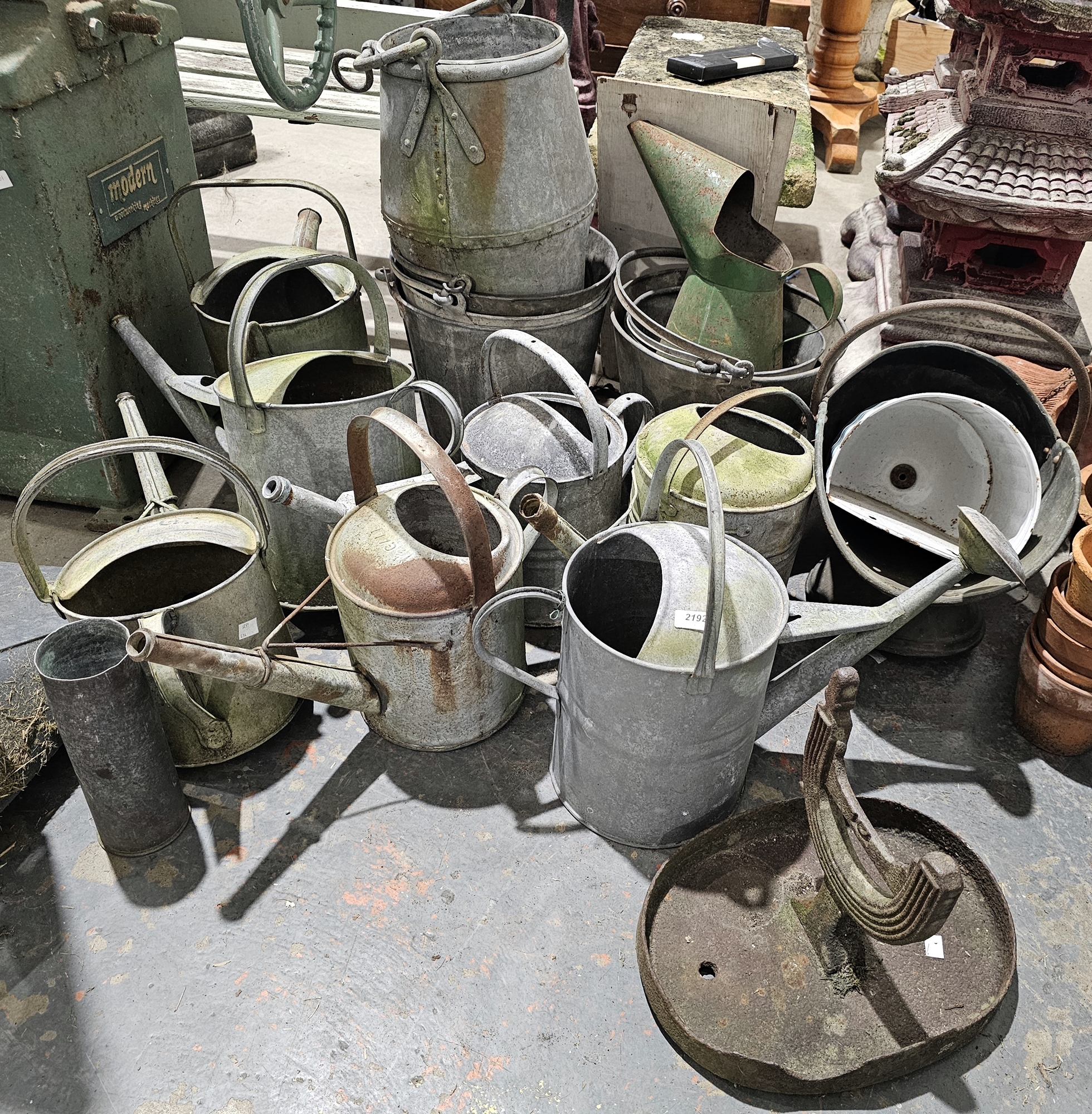 Quantity of galvanised metalwares to include an antique well bucket, various watering cans,