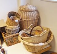 Large quantity of Willow baskets to include an Ali Baba laundry basket, waste paper baskets, bread