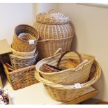 Large quantity of Willow baskets to include an Ali Baba laundry basket, waste paper baskets, bread