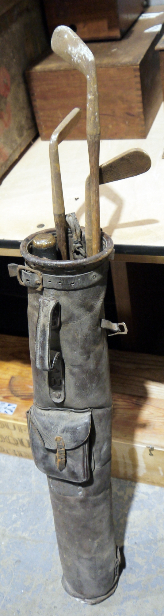 Three vintage golf clubs and vintage cricket bat contained within a vintage golf club bag