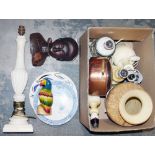 Carved wooden and painted parrot, an alabaster lamp, a copper pot, a Delft side plate bearing