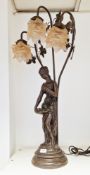 Large contemporary bronzed metal Art Nouveau-style figural three-light table lamp, cast as a