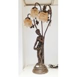 Large contemporary bronzed metal Art Nouveau-style figural three-light table lamp, cast as a