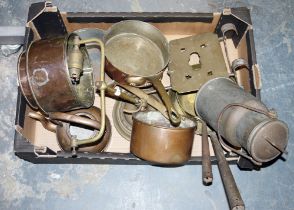 Two large copper kettles, two graduating brass and iron handle saucepans, a small milk churn, two