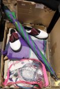 Various plastic Wimbledon souvenir bags, a Wimbledon green and purple wool travel rug, and Wimbledon