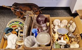 Various seashells to include two sea urchins, a wooden bowl with carved wooden fruit, a tree root