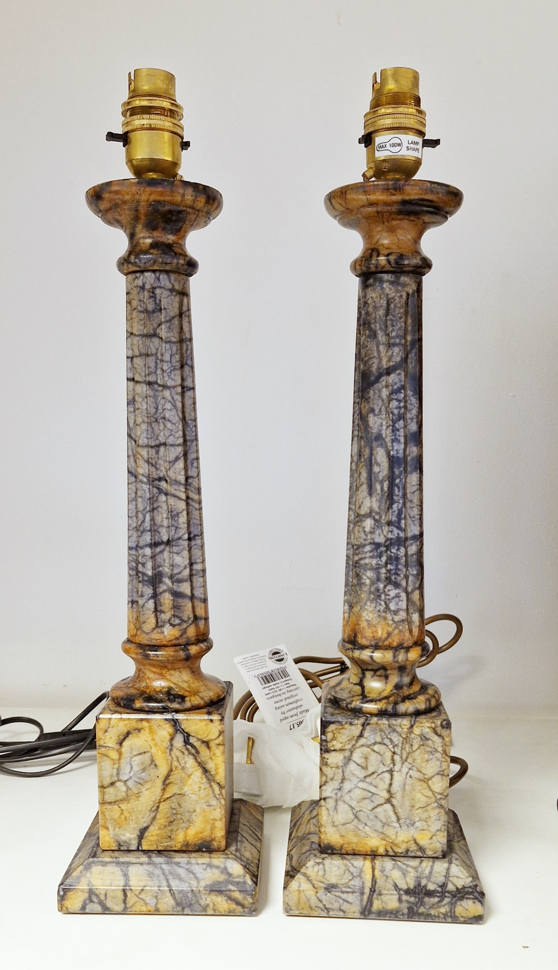 Pair of contemporary Contessa 'Bramstone' aged alabaster column-shaped table lamps, with fluted