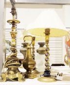 Pair of helical stemmed brass table lamps, a further brass table lamp and a brass door stop (4)