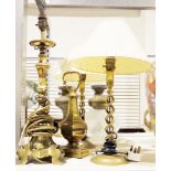 Pair of helical stemmed brass table lamps, a further brass table lamp and a brass door stop (4)