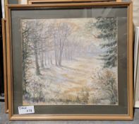 Various watercolour drawings, woodland scenes and a snowy landscape, a framed botanical