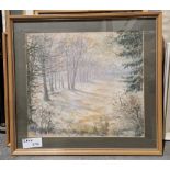 Various watercolour drawings, woodland scenes and a snowy landscape, a framed botanical