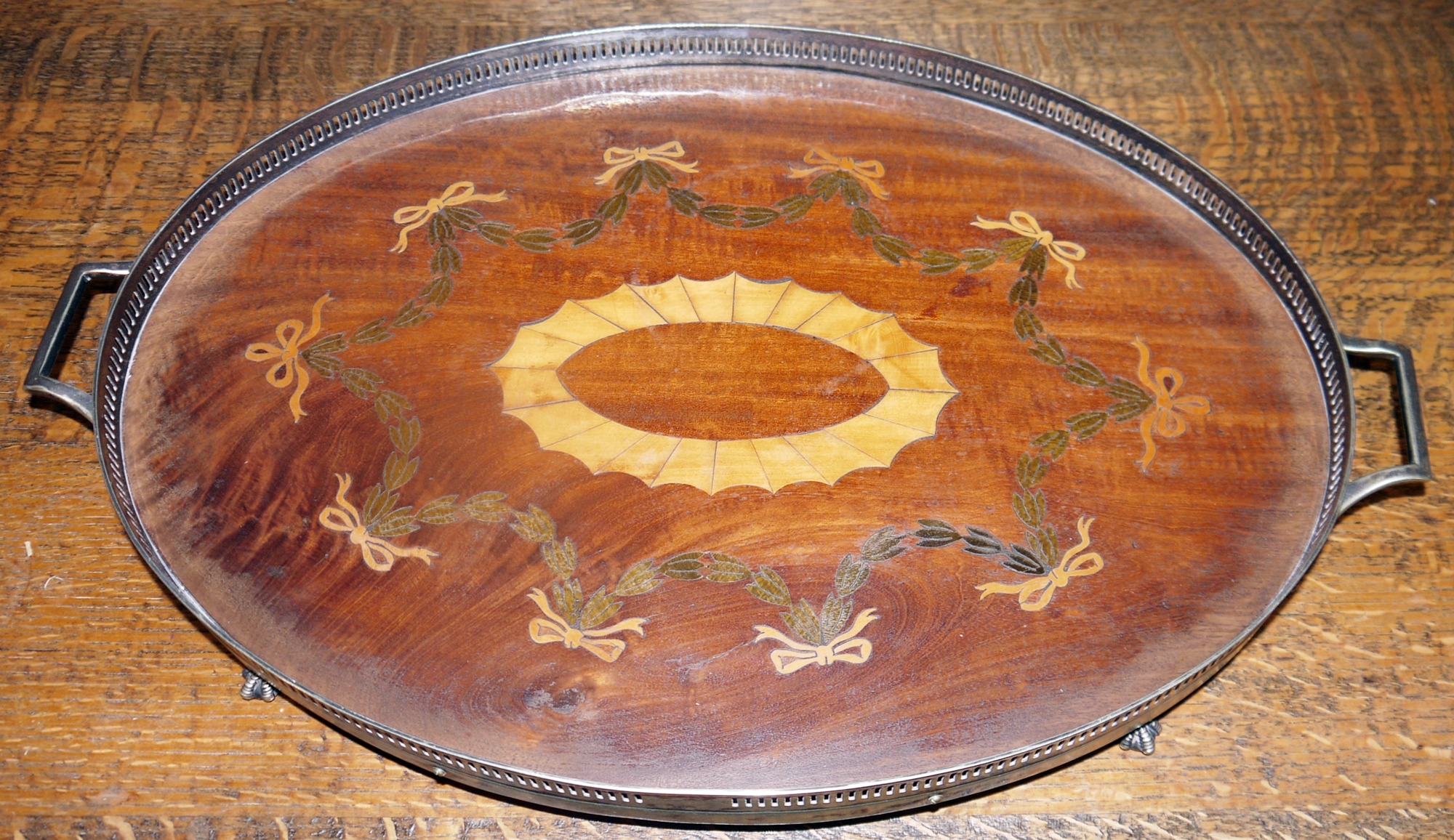 Marquetry inlaid gallery surrounded tray, a desktop inkwell set with three glass reservoirs, an - Image 3 of 3