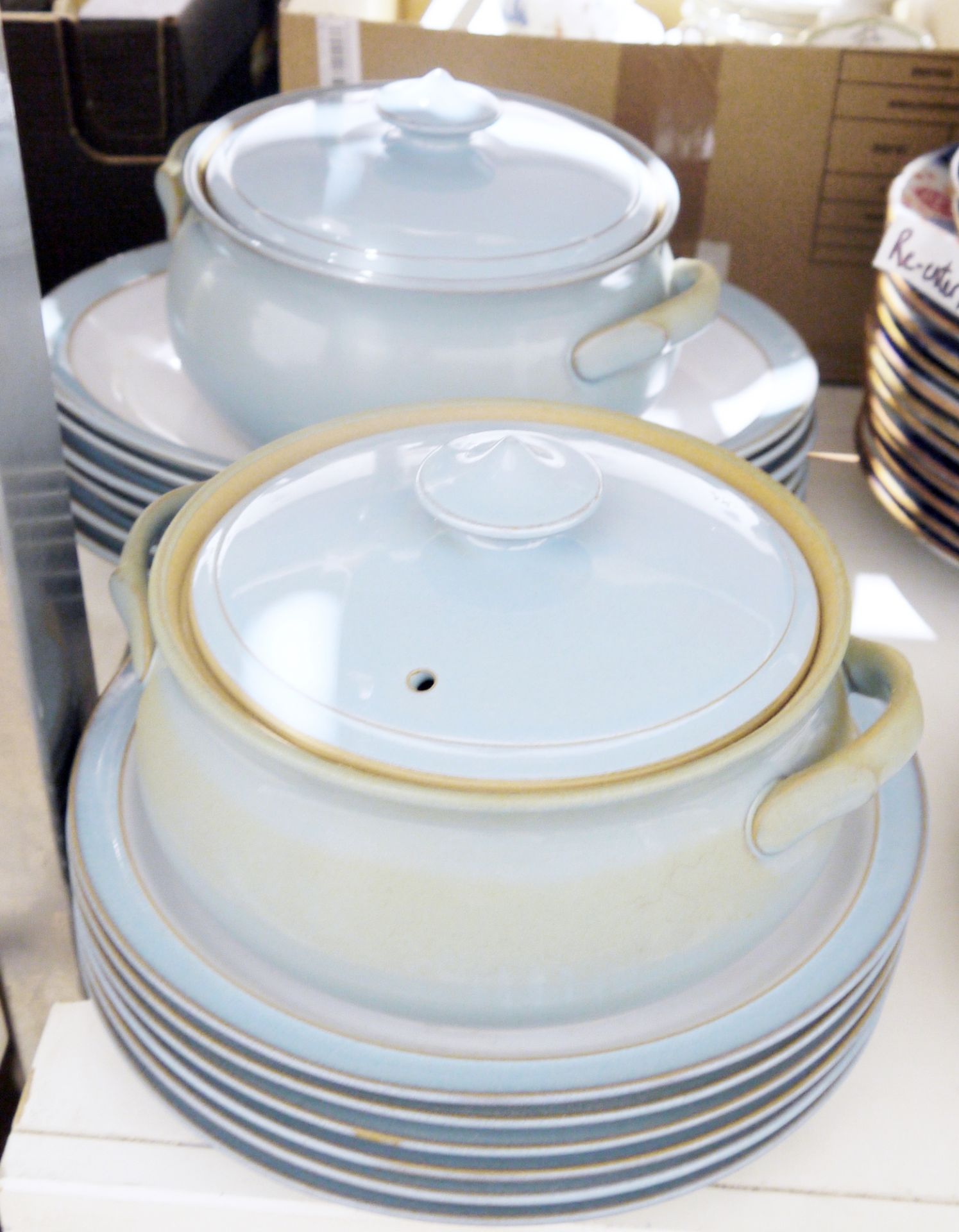 Denby blue glazed part tea and dinner service to include teacups, saucers, side plates, two lidded - Image 3 of 3