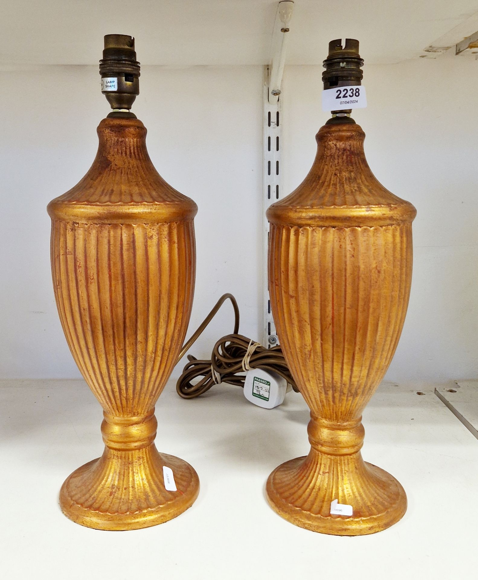 Pair of contemporary Peter Martin Design fluted urn-shaped table lamps in distressed copper