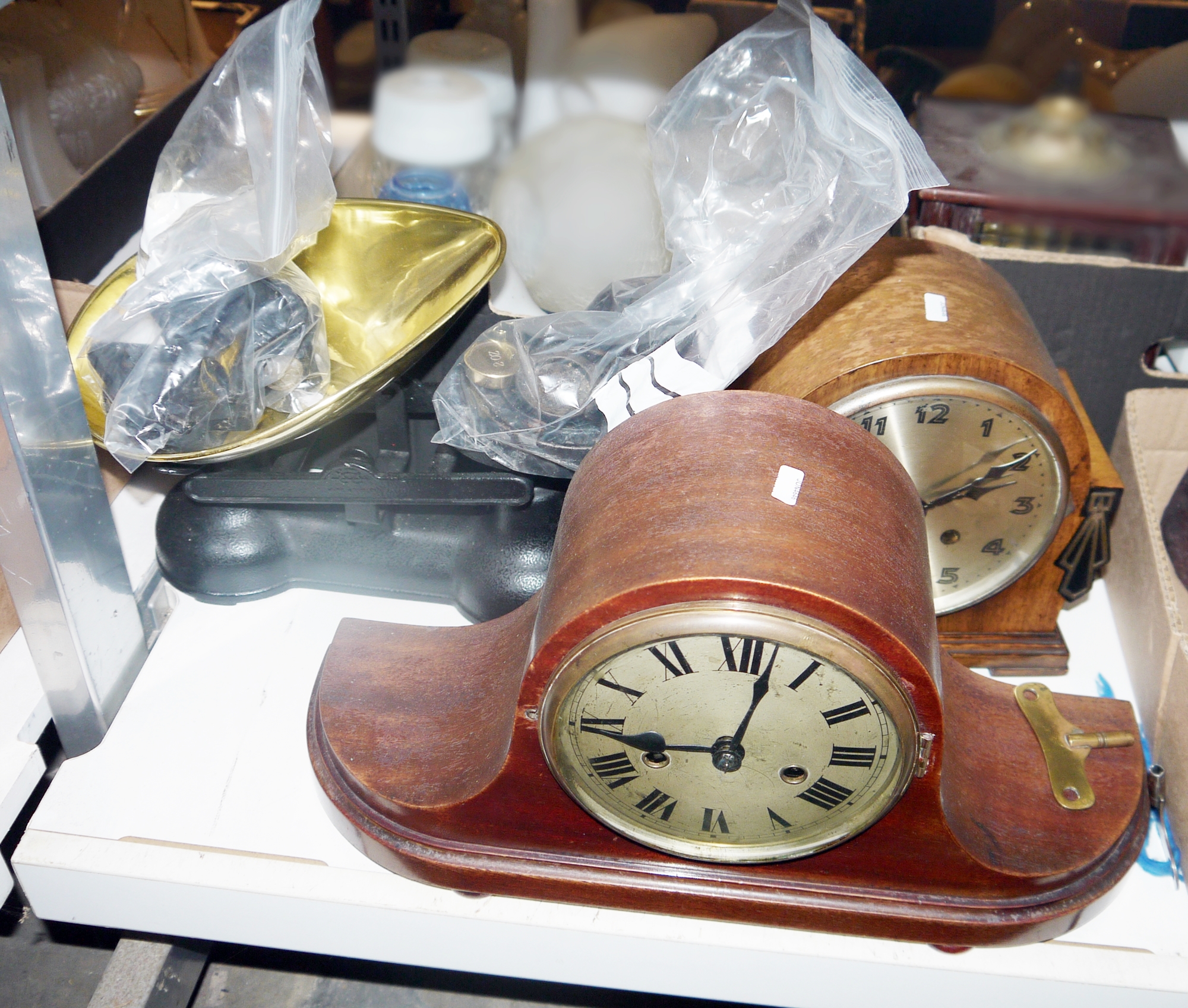 Marquetry inlaid gallery surrounded tray, a desktop inkwell set with three glass reservoirs, an - Image 2 of 3