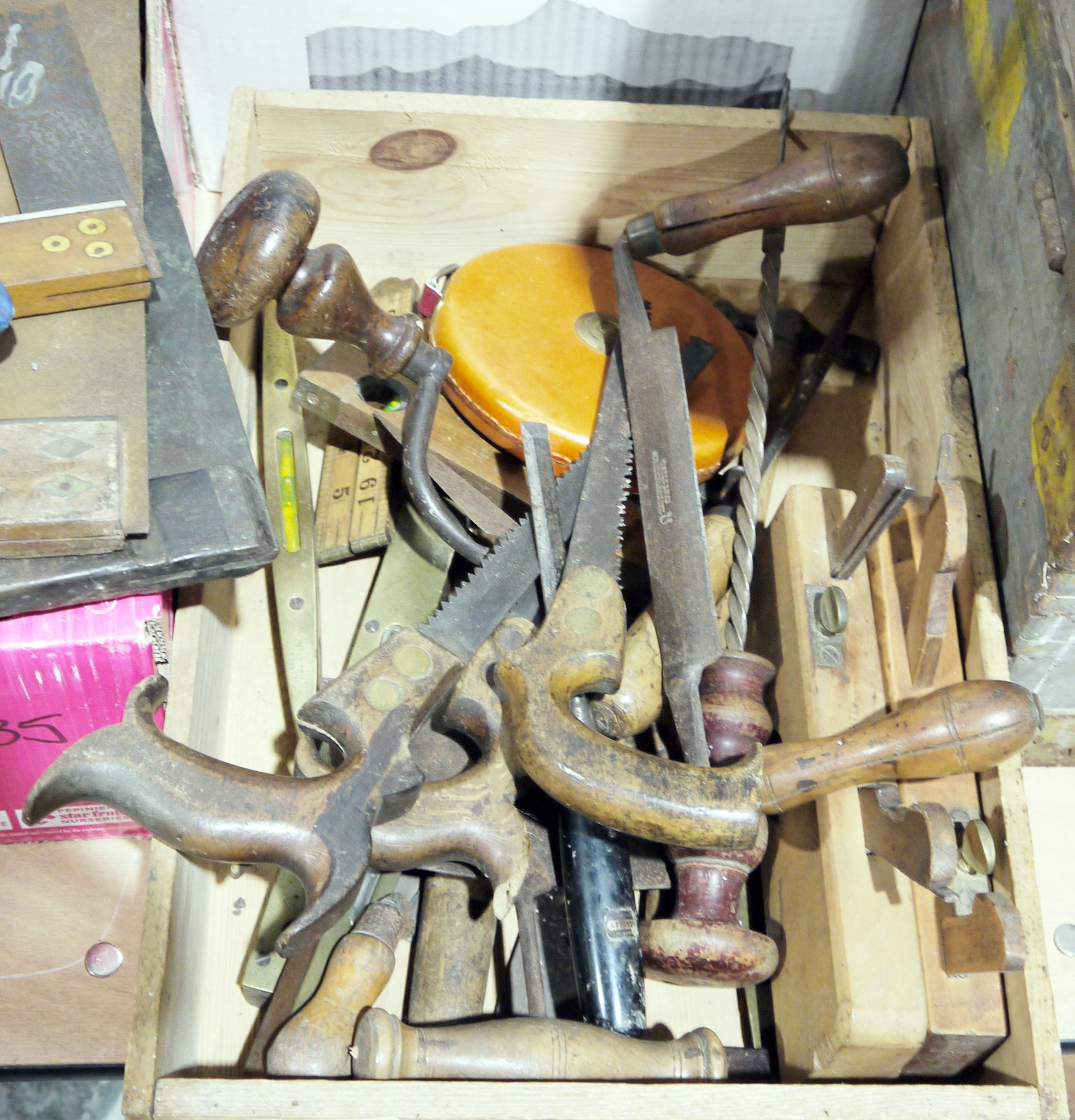 Collection of vintage tools to include hand saws, planes, chisels, set squares etc. (3 boxes)