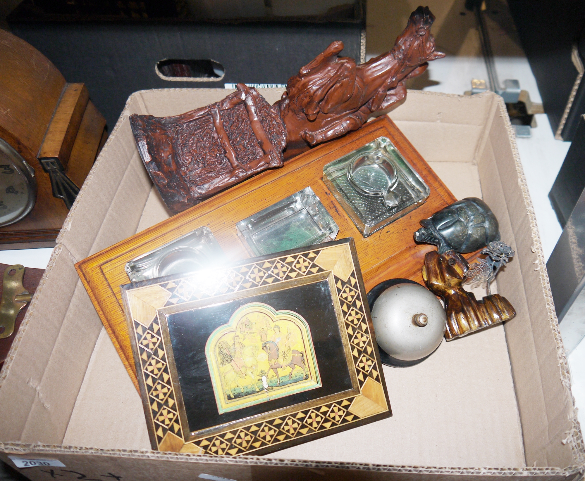 Marquetry inlaid gallery surrounded tray, a desktop inkwell set with three glass reservoirs, an