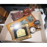 Marquetry inlaid gallery surrounded tray, a desktop inkwell set with three glass reservoirs, an