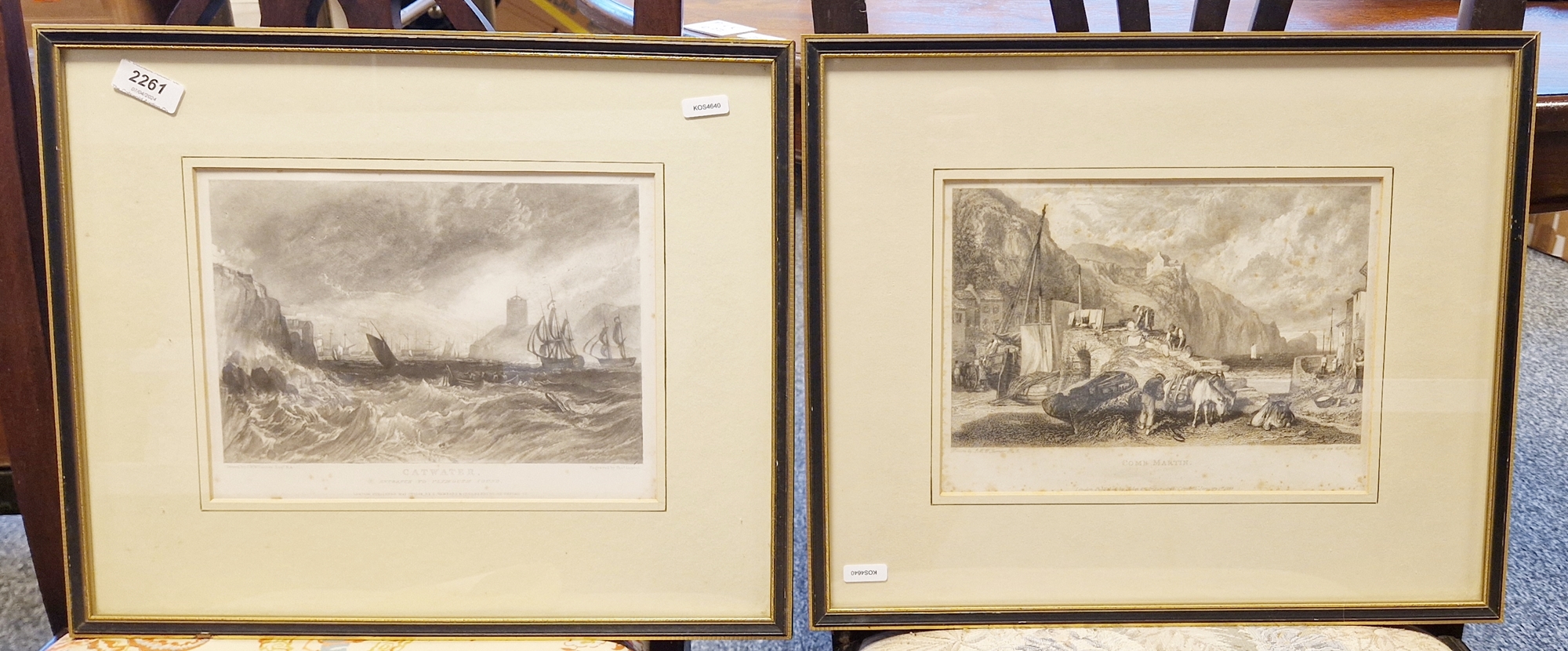 Engraving after J W Turner 'Cat Water', entrance to Plymouth Sound in a Hogarth frame, and another