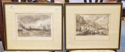 Engraving after J W Turner 'Cat Water', entrance to Plymouth Sound in a Hogarth frame, and another