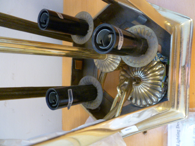 A 21st century brass electric brass ceiling light, hexagon , three candlestick fittings within for - Image 2 of 3