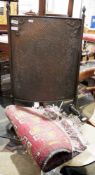 Arts & Crafts-style hammered copper fire spark guard with a very small woollen rug (2)