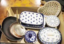 Small collection of Polish Boleslawiec stoneware to include a polka dot decorated heart-shaped