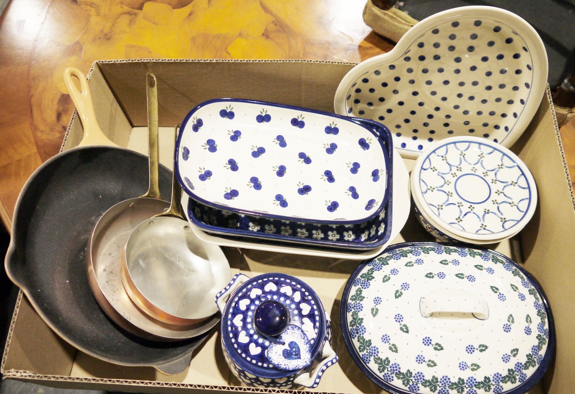 Small collection of Polish Boleslawiec stoneware to include a polka dot decorated heart-shaped
